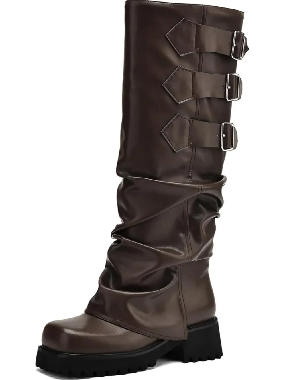 Women's Dark Brown Block Heeled Square Toe Fold Over Knee High Moto Riding Boots